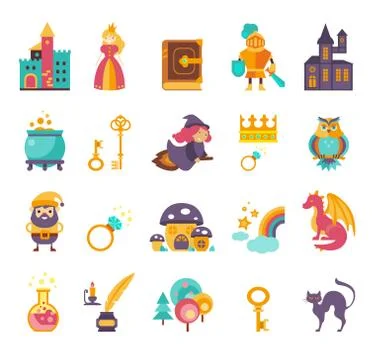 Collection of vector fairy tale elements, icons Illustrazione stock