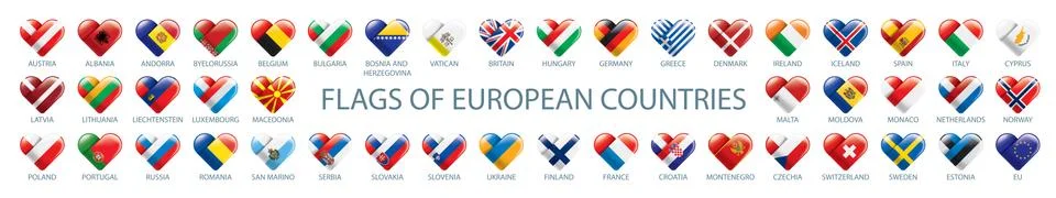 Collection of vector flags of Europe in the form of hearts Stock Illustration