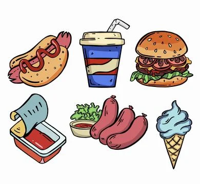 Collection of vector flat fast food icons isolated on white background. Stock Illustration