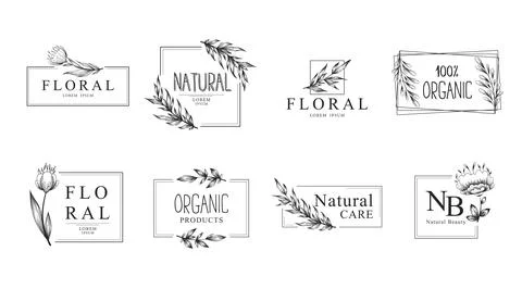 Collection of vector floral logo or emblem templates with hand drawn branches Stock Illustration