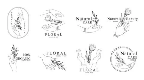 Collection of vector floral logos or emblems templates with hands, branches a Stock Illustration