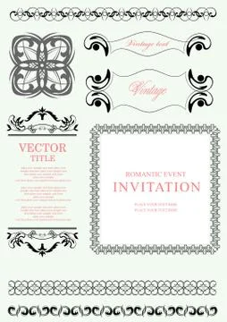 Collection of vector frames and ornaments with sample text. Stock Illustration