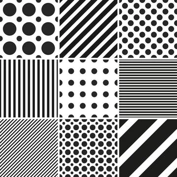 Collection of vector geometric seamless patterns. Simple dotted and striped Illustrazione stock