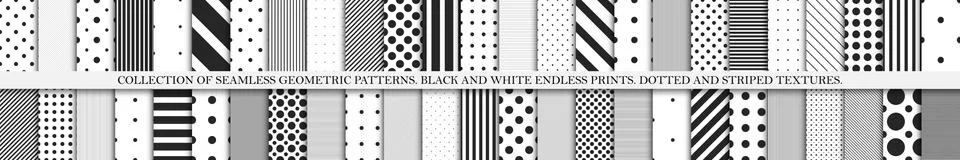 Collection of vector geometric seamless patterns. Simple dotted and striped Stock Illustration