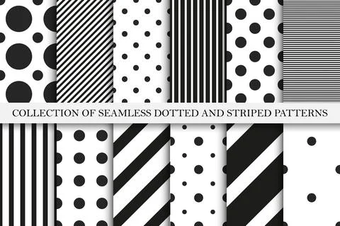 Collection of vector geometric seamless patterns. Simple dotted and striped Stock Illustration