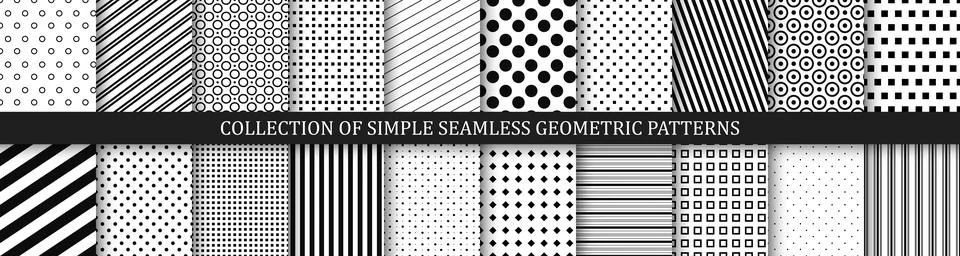 Collection of vector geometric seamless patterns. Simple striped and dotted Stock Illustration