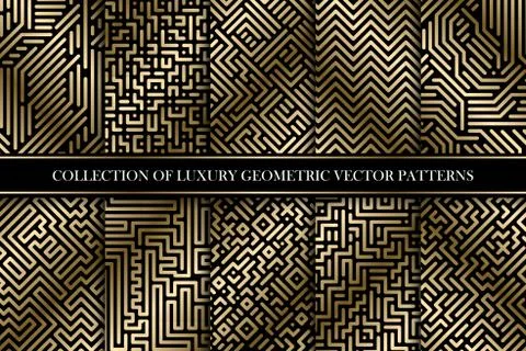 Collection of vector geometric striped patterns - luxury gold gradient design Illustrazione stock