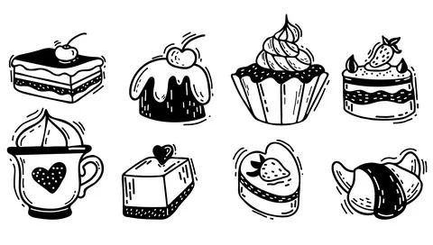 Collection of vector hand drawn decorative confectionery and sweets. Cake and cr Stock Illustration