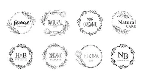Collection of vector hand drawn floral logo templates with branches and flowers. Stock Illustration