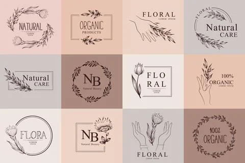 Collection of vector hand drawn floral logo templates with hands, flowers, le Stock Illustration