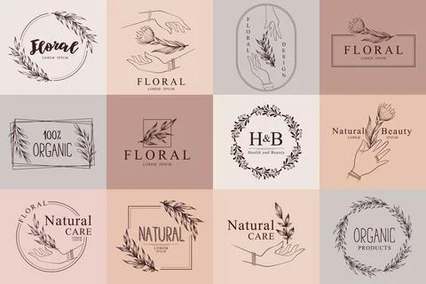 Collection of vector hand drawn floral logo templates with hands, flowers, le Stockillustratie