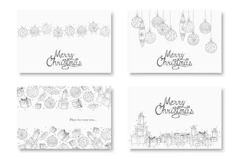 Collection of vector hand drawn Merry Christmas cards. Winter holiday white Иллюстрация