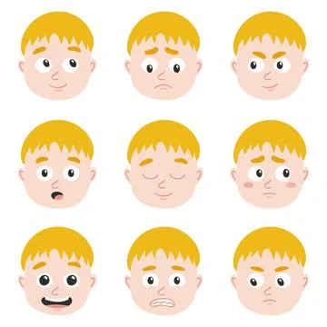 Collection of vector heads with different emotions avatars. Kind character blond Stock Illustration