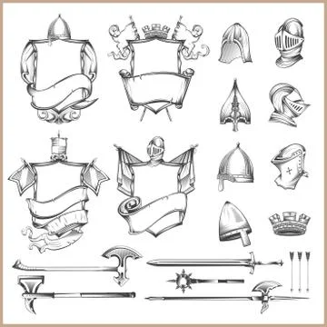 Collection of vector heraldic elements, helmets and medieval weapons 스톡 일러스트