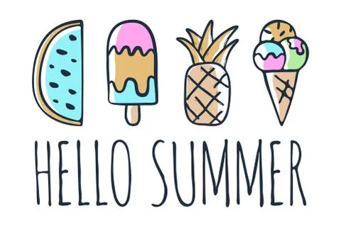 Collection of vector ice cream watermelon and pineapple illustrations drawn b Stock Illustration