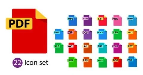 Collection of vector icons. File format extensions icons. Stock Illustration