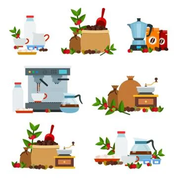 Collection of vector icons flat style on coffee theme. Stock Illustration