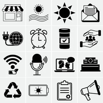 This is a collection of vector icons rendered in black and white, featuring a Stock Illustration