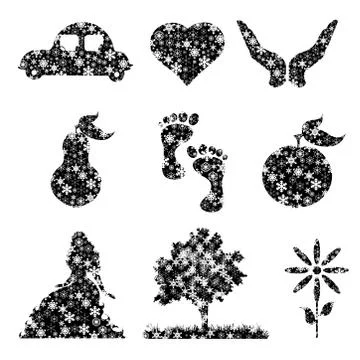 Collection of vector illustration different snowy objects. Symbol of winter a Stock Illustration