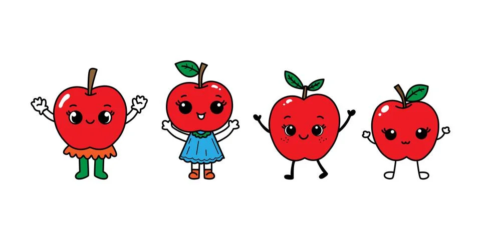 Collection of vector illustrations of cute apple fruit cartoon character ma.. Stock Illustration