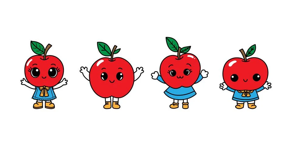 Collection of vector illustrations of cute apple fruit cartoon character ma.. Stock Illustration