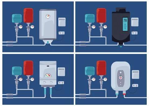 A collection of vector illustrations of electric or gas metal water heating Stock Illustration