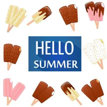 Collection of vector illustrations of ice cream. Hello summer, from the heat of  Stock Illustration