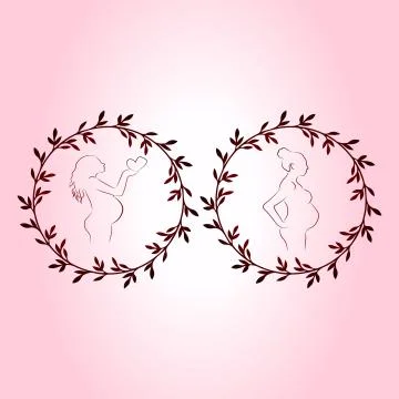Collection of vector illustrations of pregnancy and childbirth, two silhouett Stock Illustration