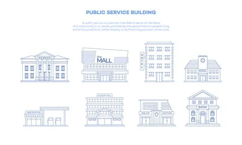 Collection of vector illustrations of public service building. Ilustración de archivo
