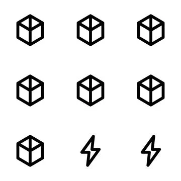 A collection of vector line icons featuring isometric cubes and lightning bol Ilustración de archivo