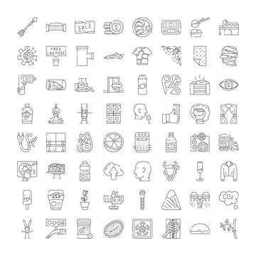 Collection of vector line icons presenting various concepts and objects Stock Illustration
