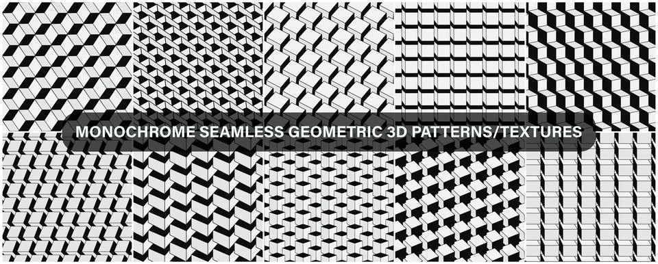 Collection of vector monochrome seamless geometric 3d block shapes patterns.. Stock Illustration