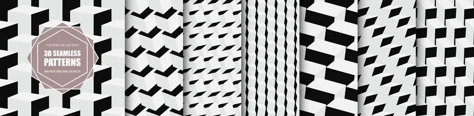 Collection of vector monochrome seamless geometric 3d abstract patterns. Is.. Stock Illustration