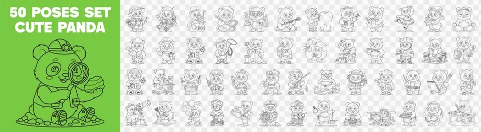 Collection of vector page cute panda characters in 50 various professions a.. Stock Illustration