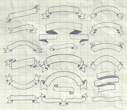 Collection of Vector Pen Drawing Ribbons, Banners Stock Illustration
