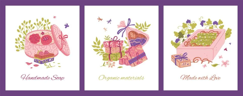 A collection of vector posters with handmade soap with natural ingredients and 스톡 일러스트