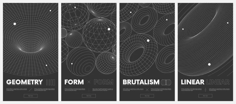 Collection vector posters with strange wireframes of geometric shapes modern  Stock Illustration