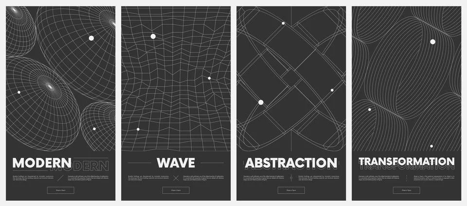 Collection vector posters with strange wireframes of geometric shapes modern  스톡 일러스트