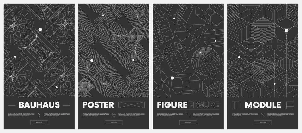 Collection vector posters with strange wireframes of geometric shapes modern  Stock Illustration