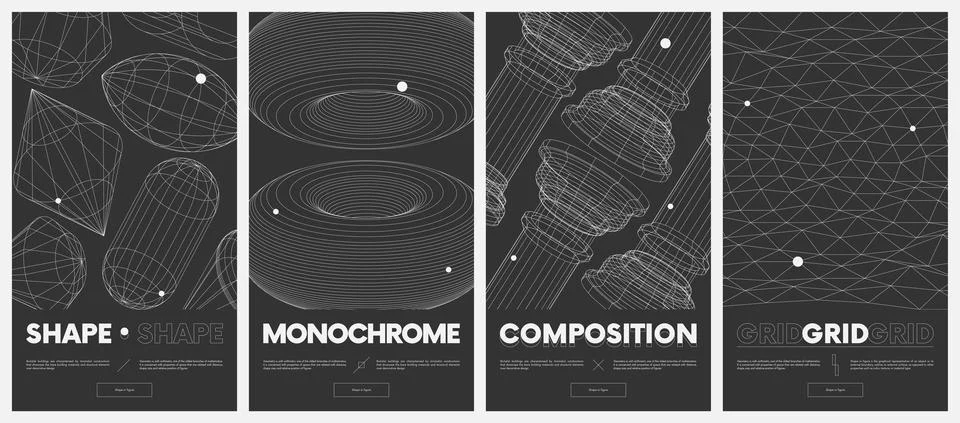 Collection vector posters with strange wireframes of geometric shapes modern  Stock Illustration