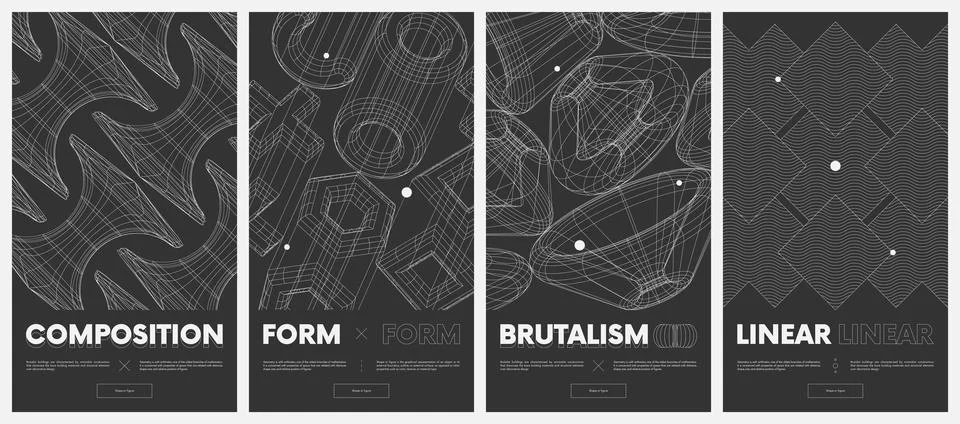 Collection vector posters with strange wireframes of geometric shapes moder.. Illustrazione stock