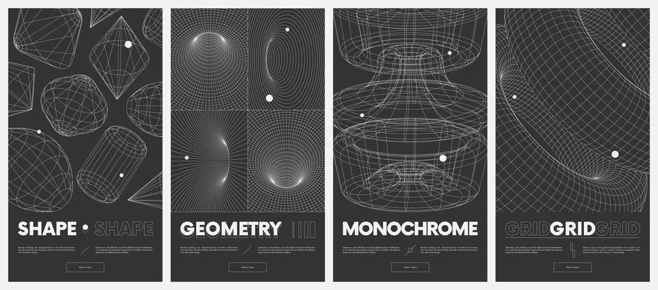 Collection vector posters with strange wireframes of geometric shapes moder.. Stock Illustration
