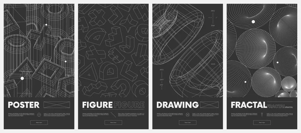 Collection vector posters with strange wireframes of geometric shapes moder.. Stock Illustration