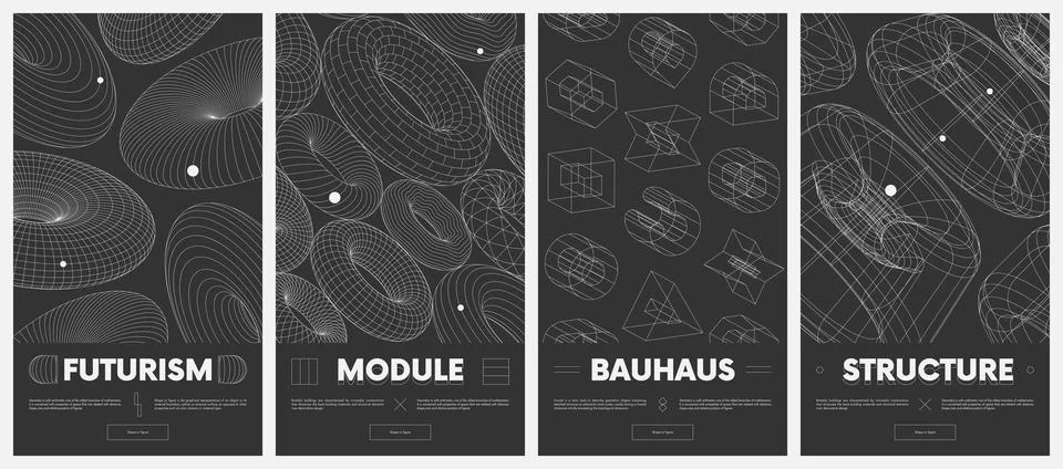 Collection vector posters with strange wireframes of geometric shapes moder.. Stock Illustration