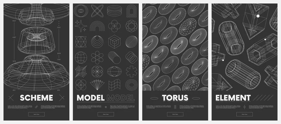 Collection vector posters with strange wireframes of geometric shapes moder.. Stock Illustration