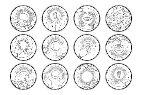 Collection of vector round icons with abstract hands, clouds, sun, moon and s Stock Illustration