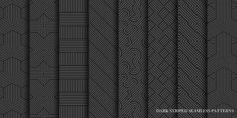 Collection of vector seamless abstract geometric patterns - dark gray striped Illustrazione stock