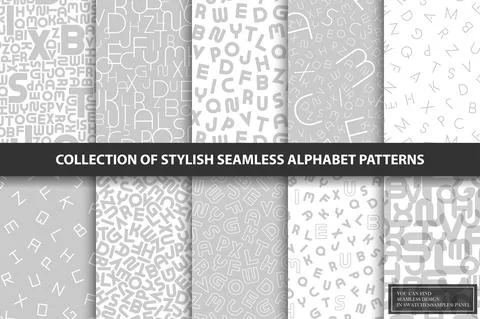 Collection of vector seamless alphabet patterns. Stylish grey backgrounds with 库存插图