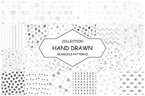 Collection of vector seamless black and white patterns - hand drawn design 库存插图