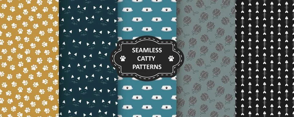 Collection of vector seamless color patterns with pet symbols. Repeatable Illustrazione stock